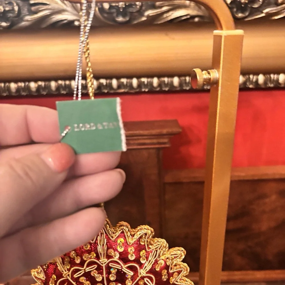 Lord & Taylor Beaded Christmas Ornament Red Gold Zardozi Tassel India Holiday